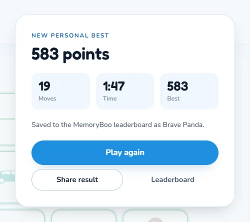 The result card after every pair is found, with the moves, the time and the points.